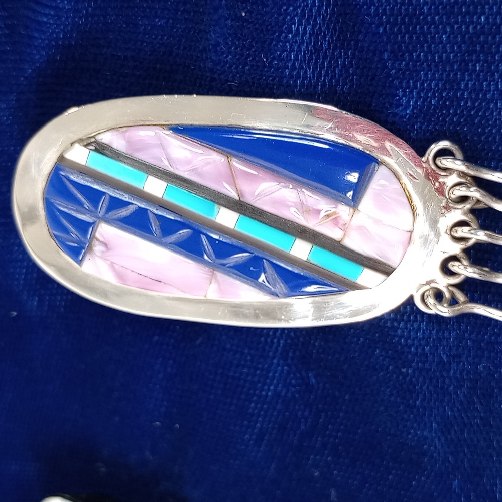 Vintage Native American Multi Stone On Sterling Silver Dangle Earrings Post - Picture 8 of 16